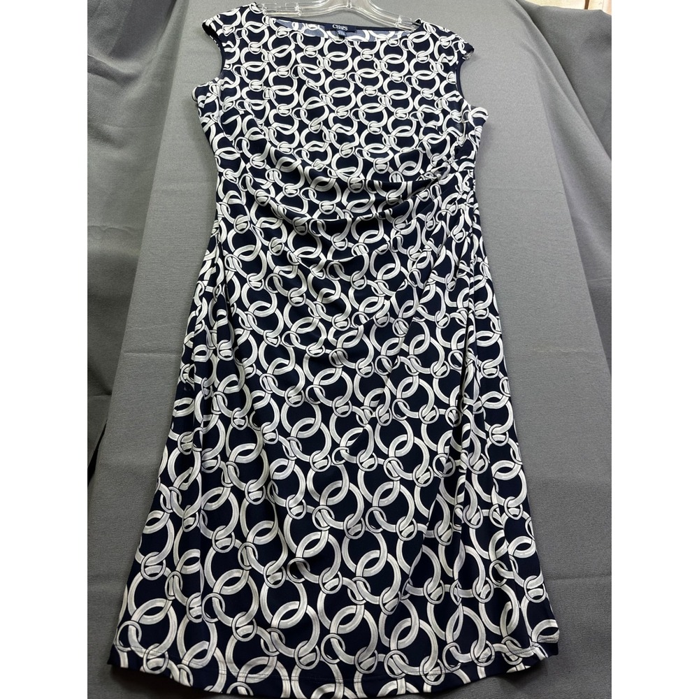 Chaps Women's Navy Blue White Chain Link Ruched Sleeveless Sheathโ Dress Large